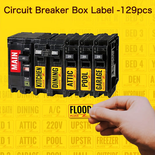 129 Weatherproof Circuit Breaker Box Labels - Conspicuous Identification Stickers for Fuse Boxes