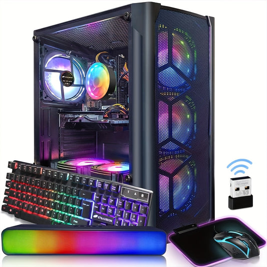 STGAubron Gaming Desktop PC - Intel Core i7 3.4 GHz (Up to 3.9 GHz), Radeon RX 580 8GB, 16GB RAM, 512GB SSD, WiFi, Wireless 5.0, RGB Fans (x6), RGB Keyboard, Mouse and Mouse Pad, RGB BT Sound Bar, Windows 10 Home 64-bit