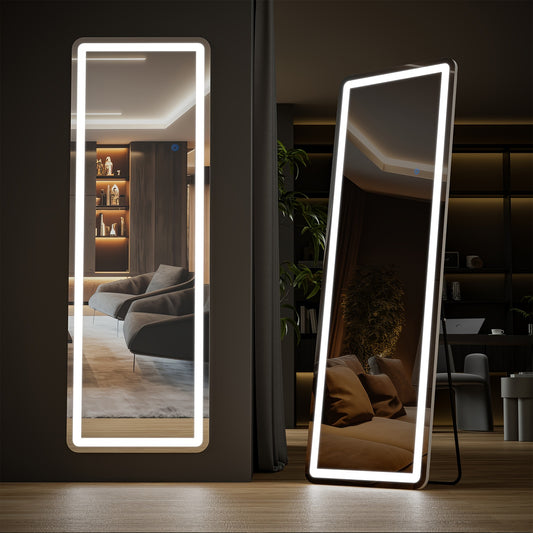 LED Full-Length Standing Mirror – 64"x21" Wall Mirror with LED Lights, Aluminum Alloy Thin Frame, 3 Color Lighting, Hanging or Leaning Option