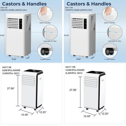 Portable Air Conditioner – 8000/10000/12000/13000/14000 BTU ASHRAE with Cooling, Fan, Dehumidifier, Sleep Mode – Cools Up to 450 Sq. Ft., Includes 24H Timer, Digital Display, Remote Control, and Window Kit