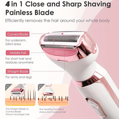 Electric Razor for Women - 4-in-1 Rechargeable Grooming Kit, Shaver for Face, Nose, Legs, Underarm, Bikini Trimmer, Wet and Dry Painless