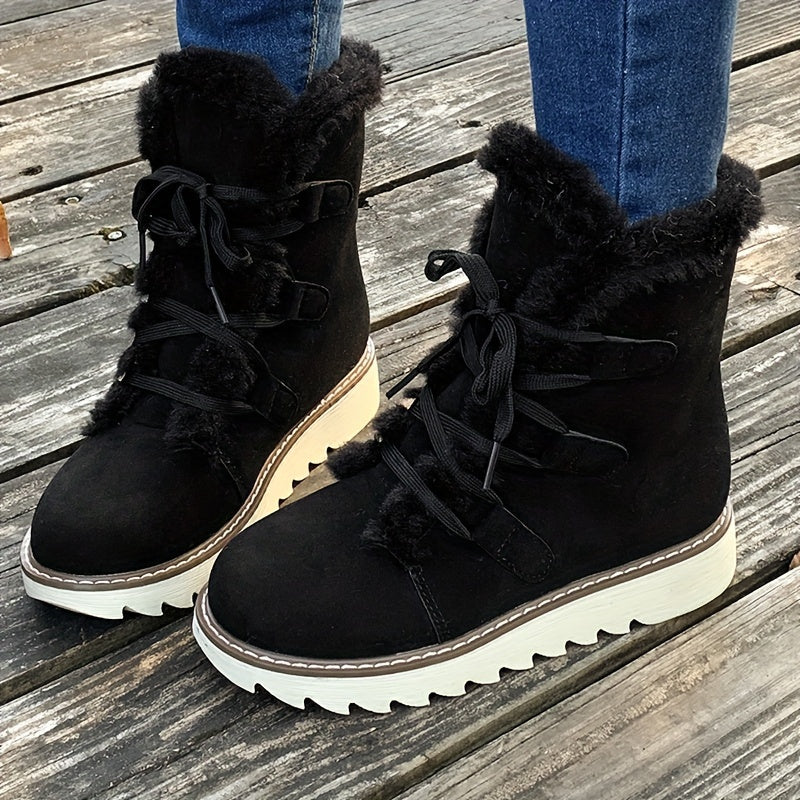 Women's Plush Lined Snow Boots - Solid Color Lace-Up, Anti-Slip, Winter Thermal Mid-Calf Outdoor Boots