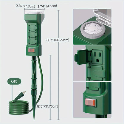 Superdanny 10Ft Outdoor Power Stake Timer with 6 AC Outlets - Automatic Light Switch, Weather-Resistant, ETL Listed, Protective Cover for Yard, Pond, and Christmas Events