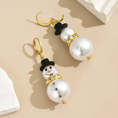 18K Gold Plated Snowman Drop Earrings - Festive Christmas Dangle Earrings with Imitation Pearls and Gemstones for Women