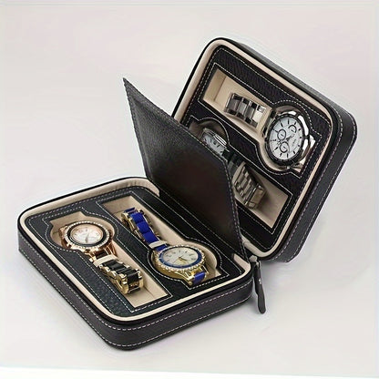 Luxury 4 Slot Black Faux Leather Watch Case with Zipper - Portable Travel Organizer for Watches, Jewelry and Accessories