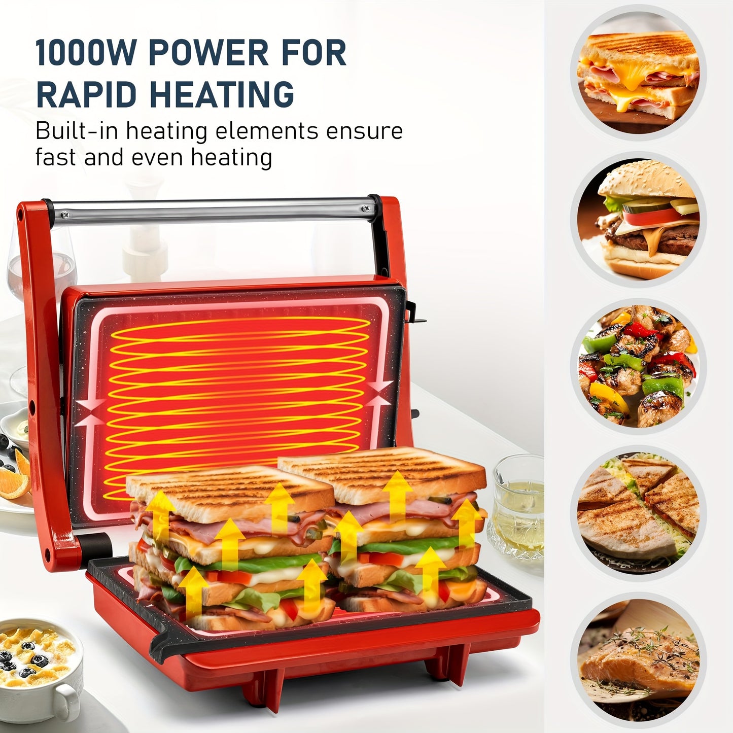 Mini 2-Slice Panini Grill Press Sandwich Maker - Compact with Locking Lid, Indicator Lights, 180-Degree Opening, Cool Touch Handle, Non-Stick Surface | Ideal for Grilled Cheese & Paninis - Red