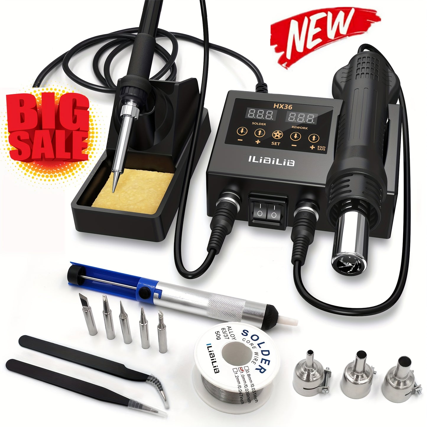 600W Digital Soldering Station Kit by ILibILib – Includes Solder Iron and Hot Air Gun Rework Tool