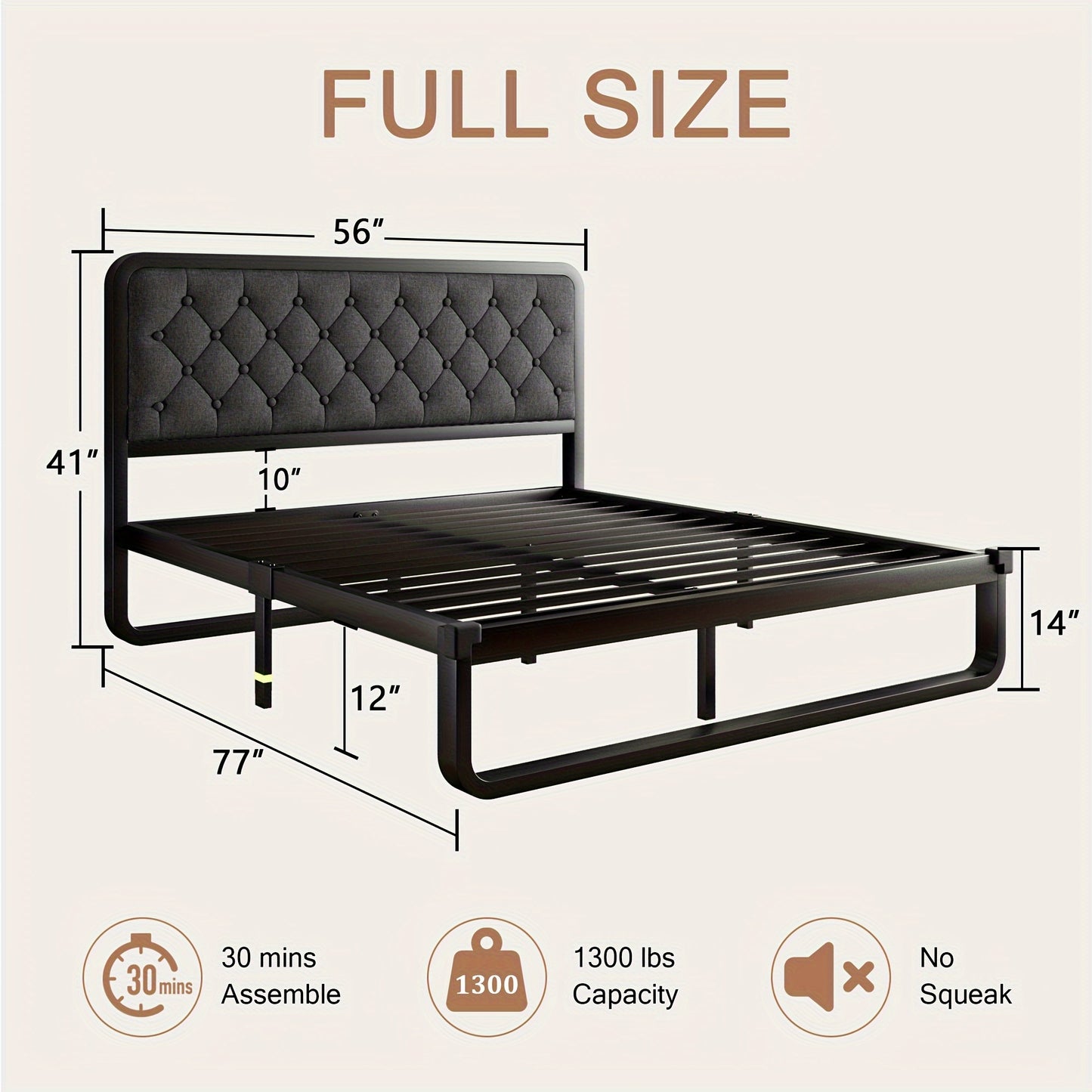 12" Heavy Duty Metal Bed Frame with Luxurious Button Tufted Upholstered Headboard – No Box Spring Needed, Sturdy Construction, Ample Storage Space, Easy Assembly