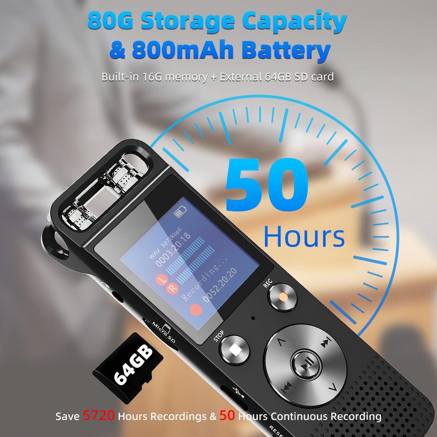 80GB Digital Voice Recorder - 5720 Hours Capacity, 30-Day Battery Life, HD Lossless Recording | Smart AGC Chip, 7-Level Noise Reduction, Voice-Activated, Password Protection, Auto Save, Playback Support