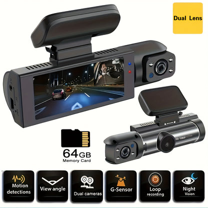 Dash Cam for Cars with Free 64GB Card – 1080P Dual Camera, Front and Inside, 3.16 Inch IPS Screen, High Definition Night Vision, Loop Recording, Wide Angle