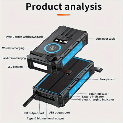 Wireless Power Bank 30,000mAh - 3 Built-in Charge Cables, Hand Crank, 7 Outputs, 4 Inputs, with Strong Flashlight