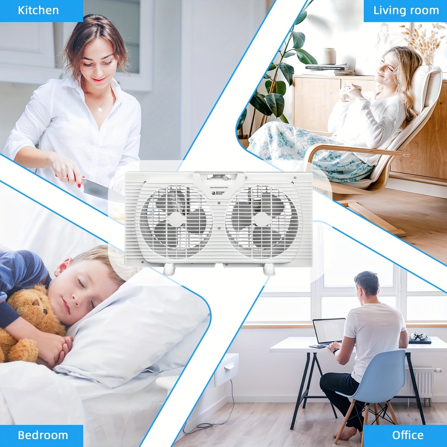 9 BEYOND BREEZE Twin Window Fan - Adjustable 2-Speed, Expandable Dual Window Fan with Reversible Airflow Blades and Manual Controls for Compact Spaces, Ideal for Smaller Windows and Year-Round Use