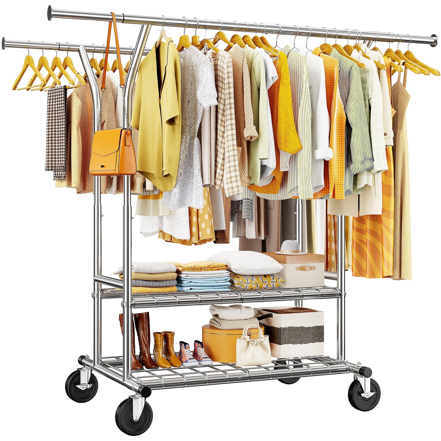 Heavy Duty Rolling Clothes Rack with Wheels - 74.6" W x 24.1" D x 70.1" H Adjustable Garment Rack, Load Capacity 630lbs - Commercial Portable Clothing Rack for Hanging Clothes