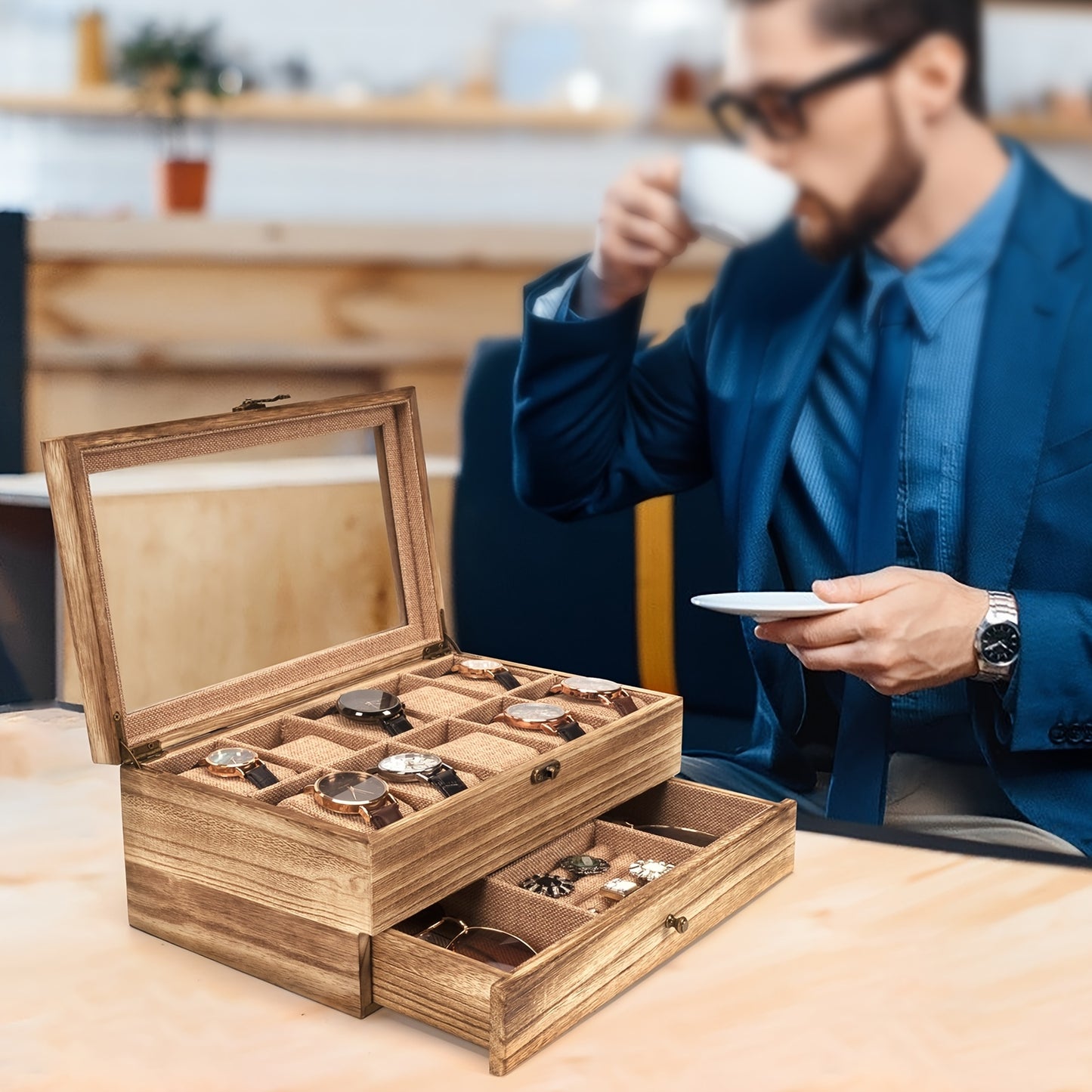 10 Slot Rustic Brown Wooden Watch Box - Large Capacity Display Organizer with Soft Velvet Interior, Perfect Gift for Men and Women (Boyfriend, Father's Day, Birthday, Anniversary)