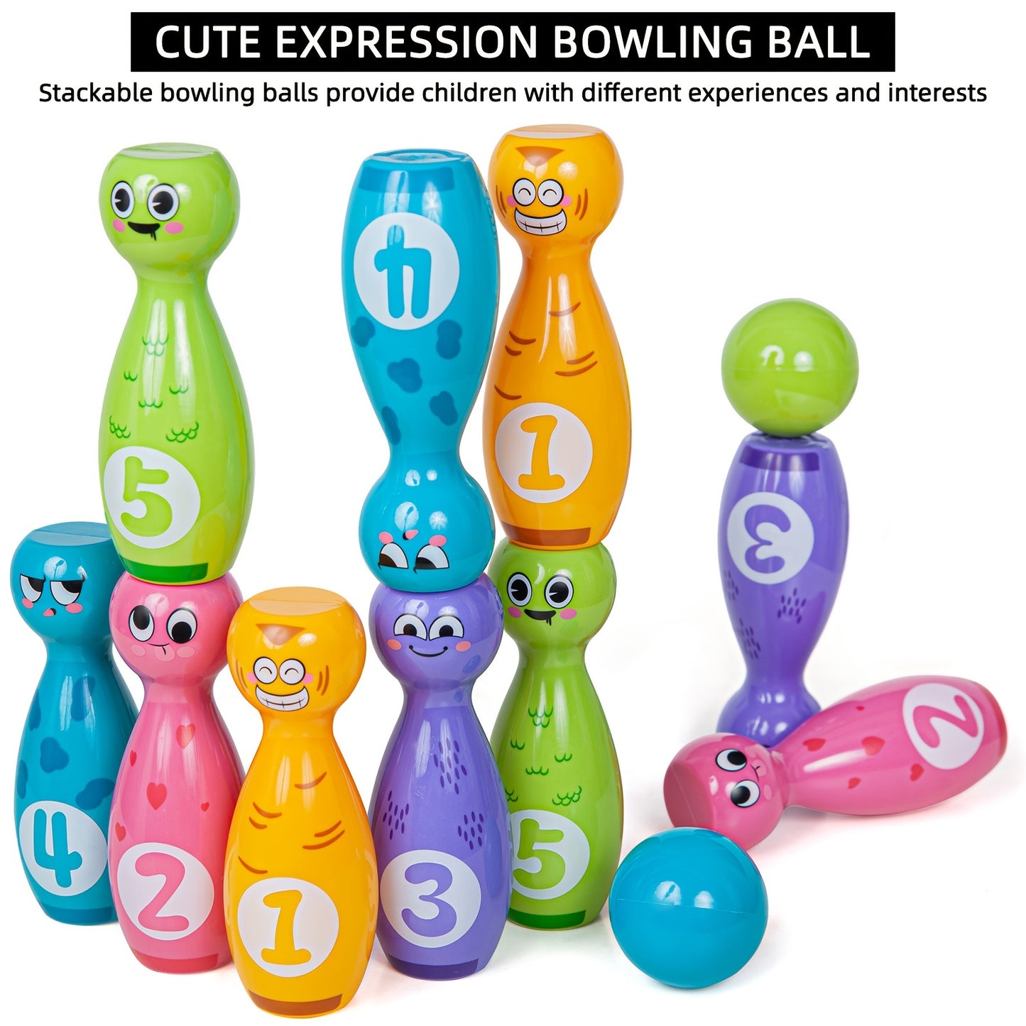 10-Bottle Bowling Toy Set with Cartoon Expressions - Includes 2 Balls and Durable Gift Box, Exquisite Pad Printing, Ideal for Halloween and Christmas Gifts