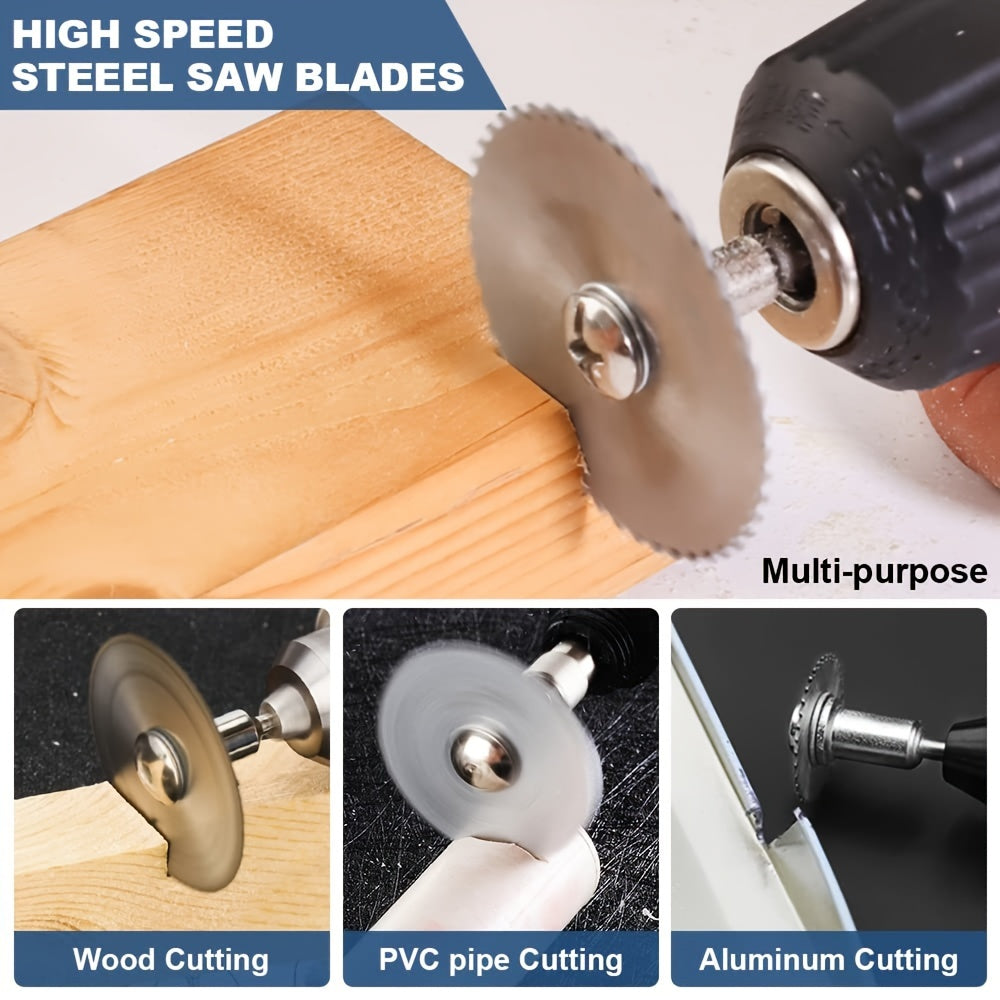 9pcs Cutting Wheel Set for Rotary Tools - HSS Saw Blades for Drills, Includes 6 Cutting Discs, 1/8" and 1/4" Round Shanks, Screwdriver for Wood, Plastic and Aluminum Cutting