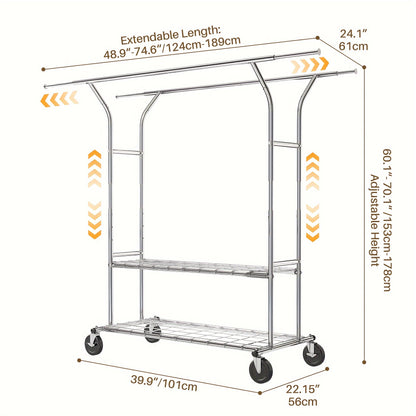 Heavy Duty Rolling Clothes Rack with Wheels - 74.6" W x 24.1" D x 70.1" H Adjustable Garment Rack, Load Capacity 630lbs - Commercial Portable Clothing Rack for Hanging Clothes