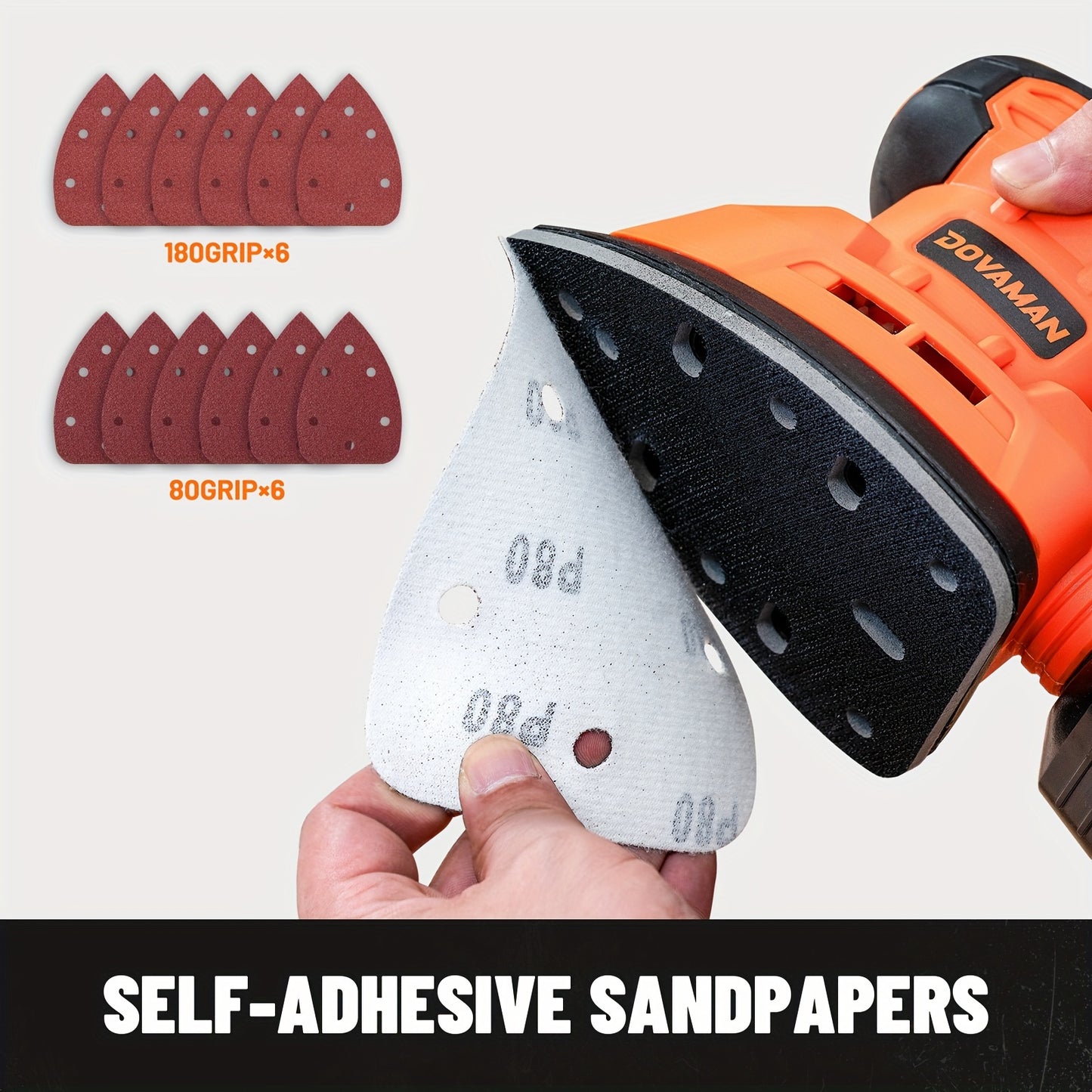 DLS03A Hand Sander - 130W Detail Sander Tool, Up to 12000RPM, Includes 12PCS Sandpaper and Efficient Dust Collection System, Ideal for Wood and Steel Surfaces