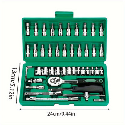 46-Piece 1/4 Inch Drive Socket Ratchet Wrench Set with Bit Sockets and Extension Bar – Includes Storage Case for Auto Repair and Household Use