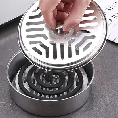 Stainless Steel Mosquito Coil Incense Burner with Lid – Fireproof and Heat-Resistant Ashtray for Indoor and Outdoor Use, Ideal for Living Rooms, Bedrooms, and Pest Control