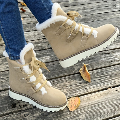 Women's Plush Lined Snow Boots - Solid Color Lace-Up, Anti-Slip, Winter Thermal Mid-Calf Outdoor Boots