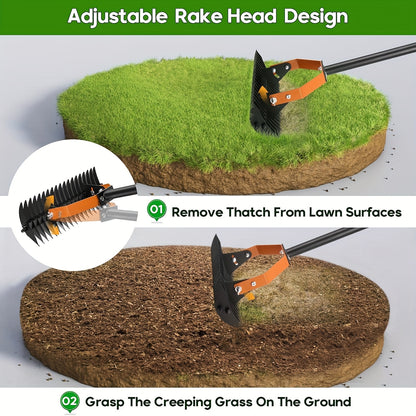 Thatch Rake - 13.4 Inch Wide Lawn Dethatcher with Detachable Handle, Metal Grass Rake for Cleaning Dead Grass and Loosening Soil