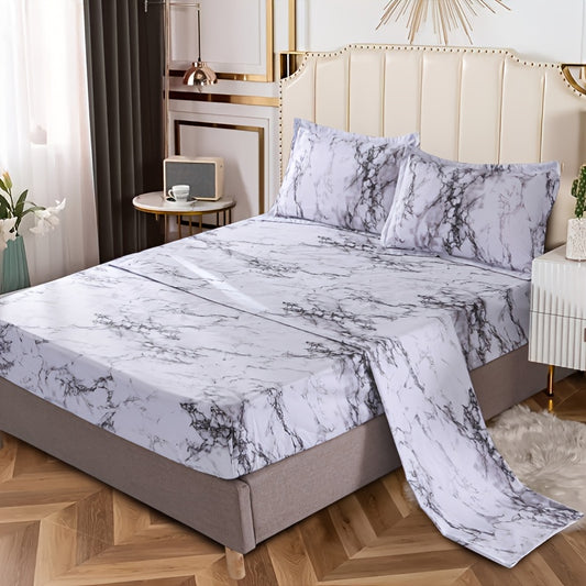 4 Piece Marble Brushed Fitted Sheet Set – Soft and Breathable Stone Pattern Bedding (1 Flat Sheet, 1 Fitted Sheet, 2 Pillowcases) for Bedroom and Guest Room