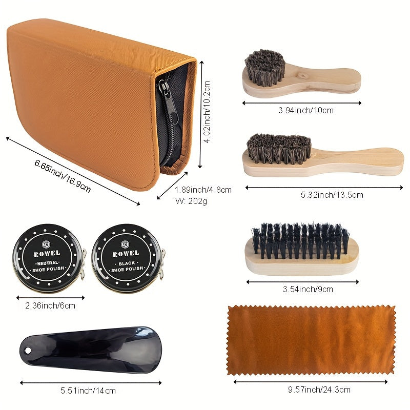 8pcs Premium Faux Fur Shoe Shine Kit - PU Case with Polish, Brushes, and Cloth for Boot Care (Cloth Color May Vary)