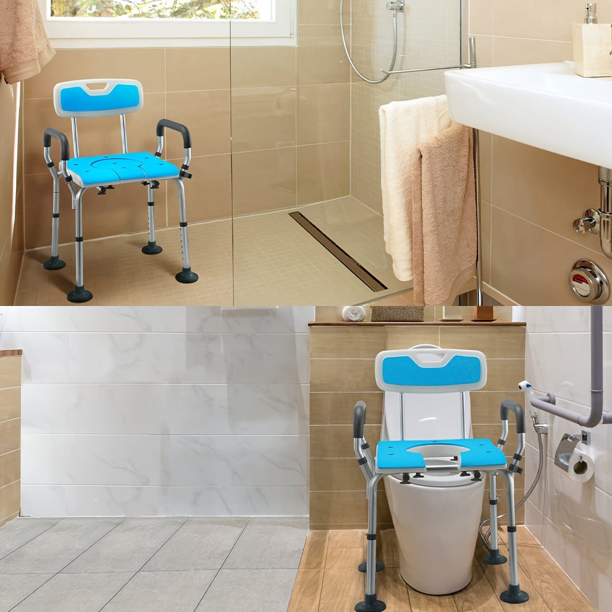 HEAO 3-in-1 Heavy Duty Shower Chair - 400LBS Capacity, Bath Stool with Arms, Backrest and Padded Seat, Cut-Out for Easy Cleansing, Includes 4 Suction Cups and 4 Rubber Tips