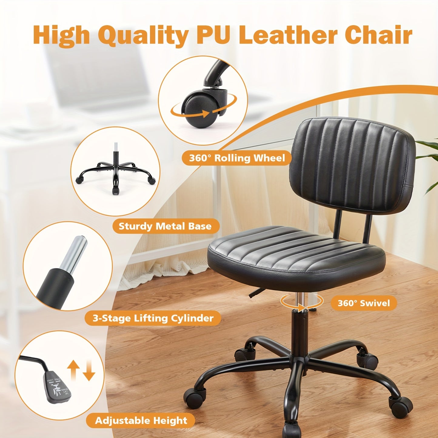 Comfy PU Leather Vanity Task Chair - Desk Chair with Wheels, Lumbar Support, Armless Design - Durable, Ergonomic, Adjustable Rolling Swivel Chair for Home Office and Study