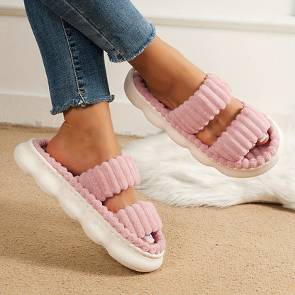 Women's Plush Platform Slippers – Two-Band Open Toe, Soft Sole Fuzzy Shoes – Comfortable Indoor Floor Slippers