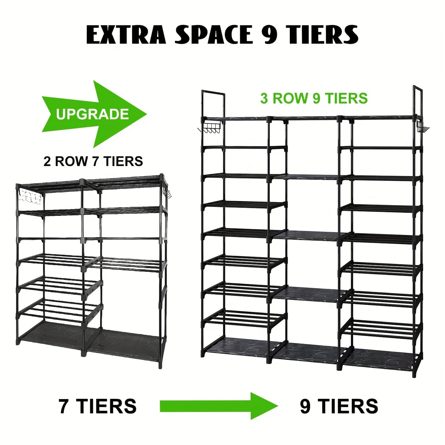 9-Tier Shoe Rack Organizer – Black Metal Shelf, Stackable Design, Holds 50-55 Pairs, Entryway and Bedroom Closet Storage, Dimensions: 129.5x26.9x155.4 cm