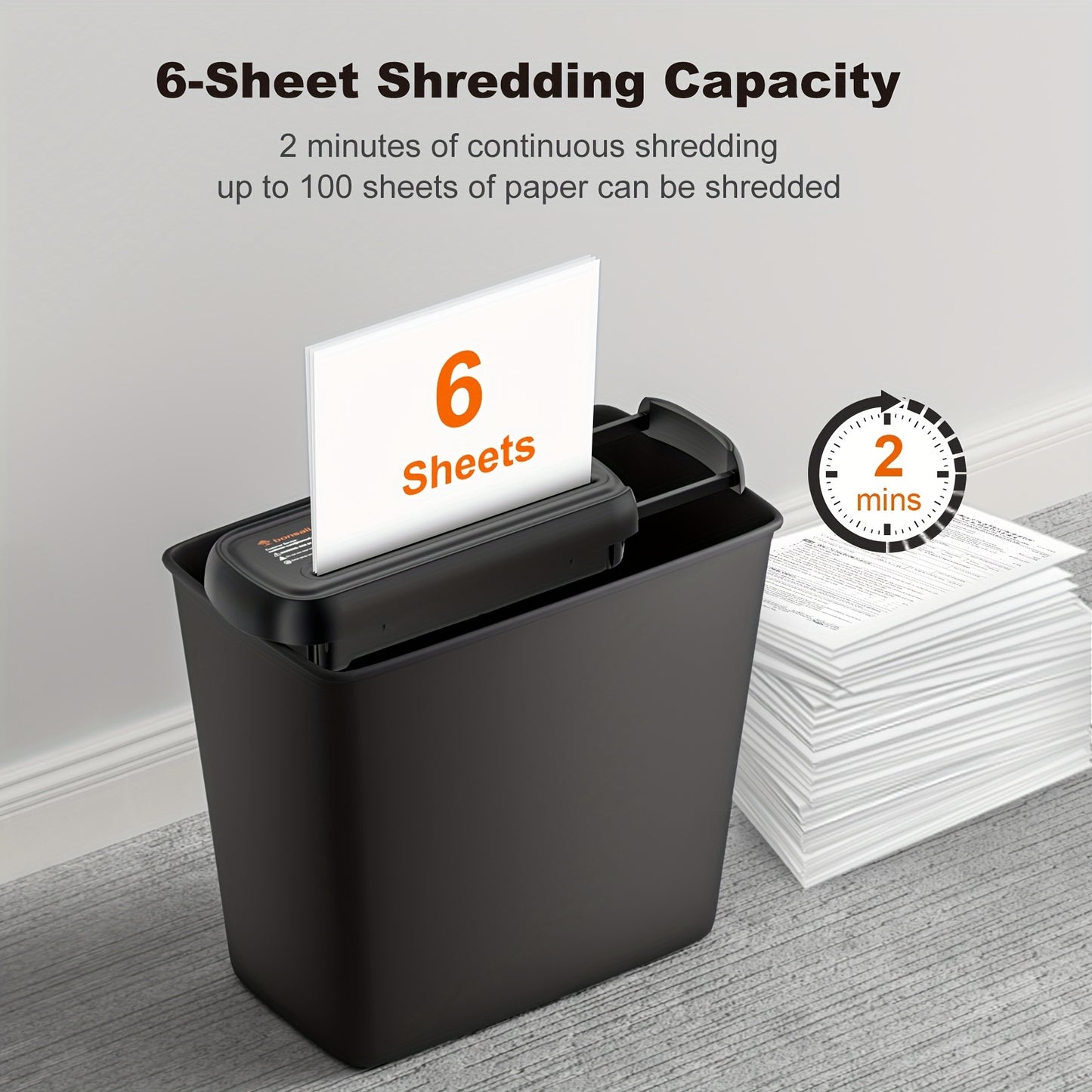 Compact 6-Sheet Strip Cut Paper Shredder with Overheat Protection and Extendable Arm - Wastebasket Excluded