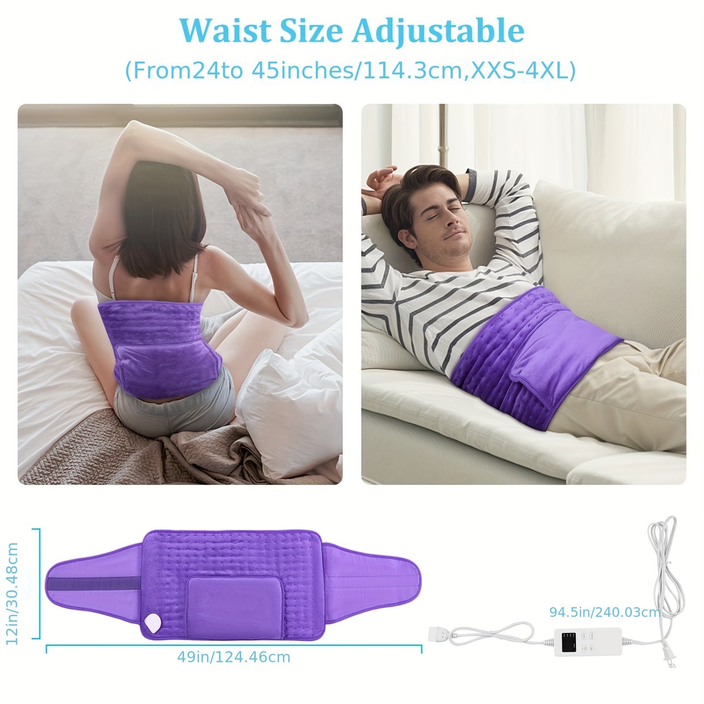 12x24 Heated Pad Wrap with 20" Belt - Adjustable Timer and Heat Levels, 6 Hour Auto Shut-Off, Suitable for Three Seasons