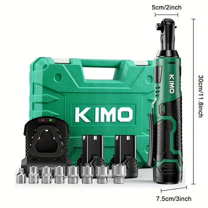 KIMO Cordless Electric Ratchet Wrench Set - 40 Ft-lbs, 400 RPM, 3/8" 12V Kit with 60-Min Fast Charge, Variable Speed Trigger, 2-Pack Lithium-Ion Batteries, 8 Sockets