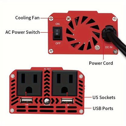 500W Car Inverter with Dual USB Ports - DC 12V to 110V AC Converter for Car Charging and Powering Devices