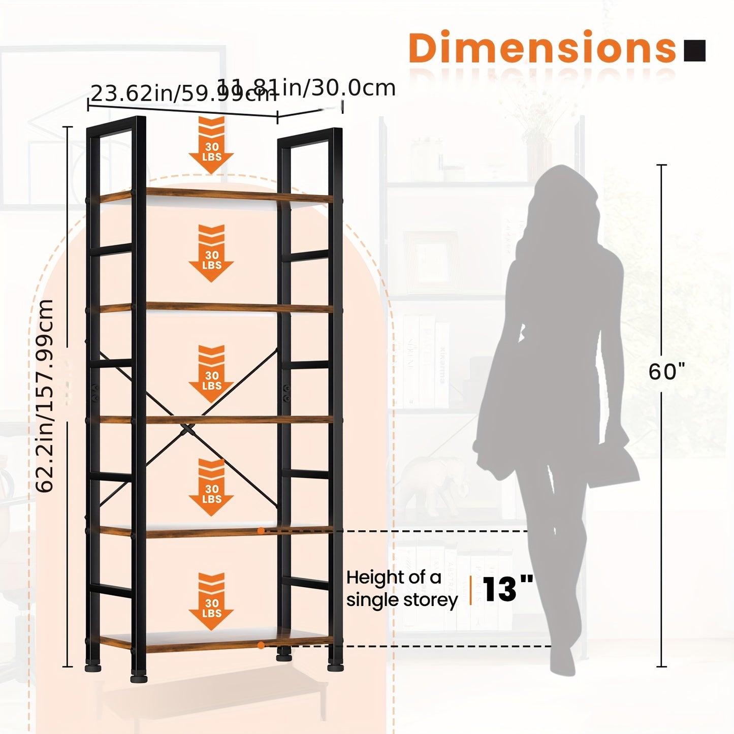 5-Tier Book Shelf – Tall, Modern Bookcase for Books, CDs, Movies – Metal Frame, Adjustable Feet – Industrial Corner Storage Organizer for Bedroom, Home Office, Kitchen, Living Room