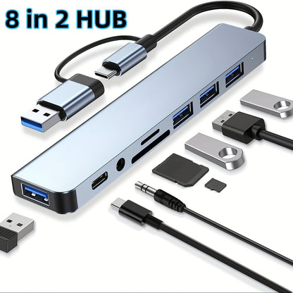 7-in-1 USB Hub and USB-C Splitter - 4 USB Ports, 1 USB-C Port, TF/SD Card Reader, Audio Output, Compatible with MacBook, iPad Pro, Dell, HP Laptops, Phones