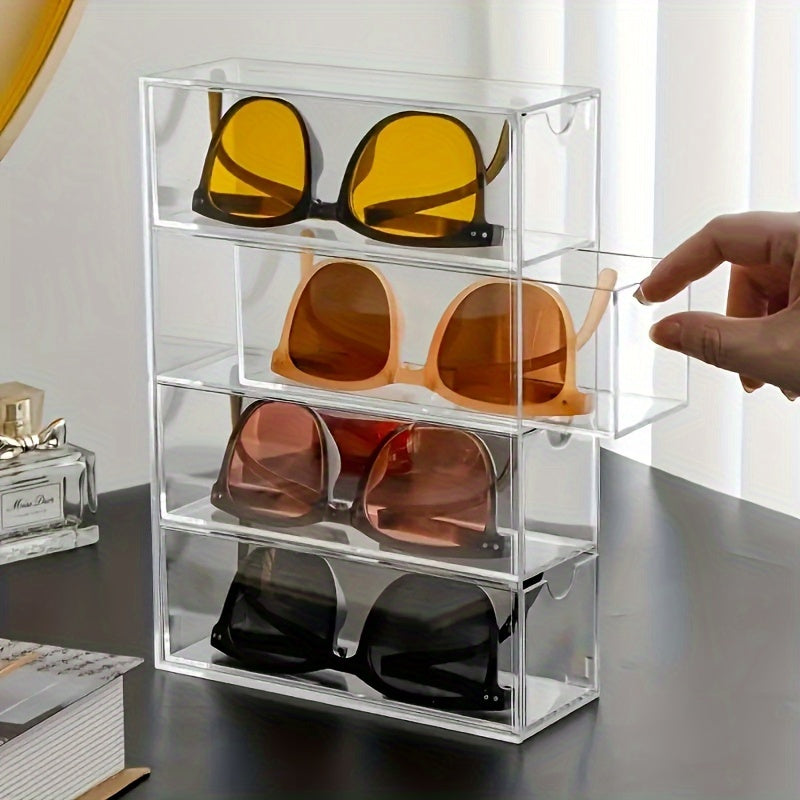 4 Tier Acrylic Sunglass Display Case with Drawers - Clear, Hard Eyeglass Organizer Box for Women, Stackable Storage for Eyewear Collection