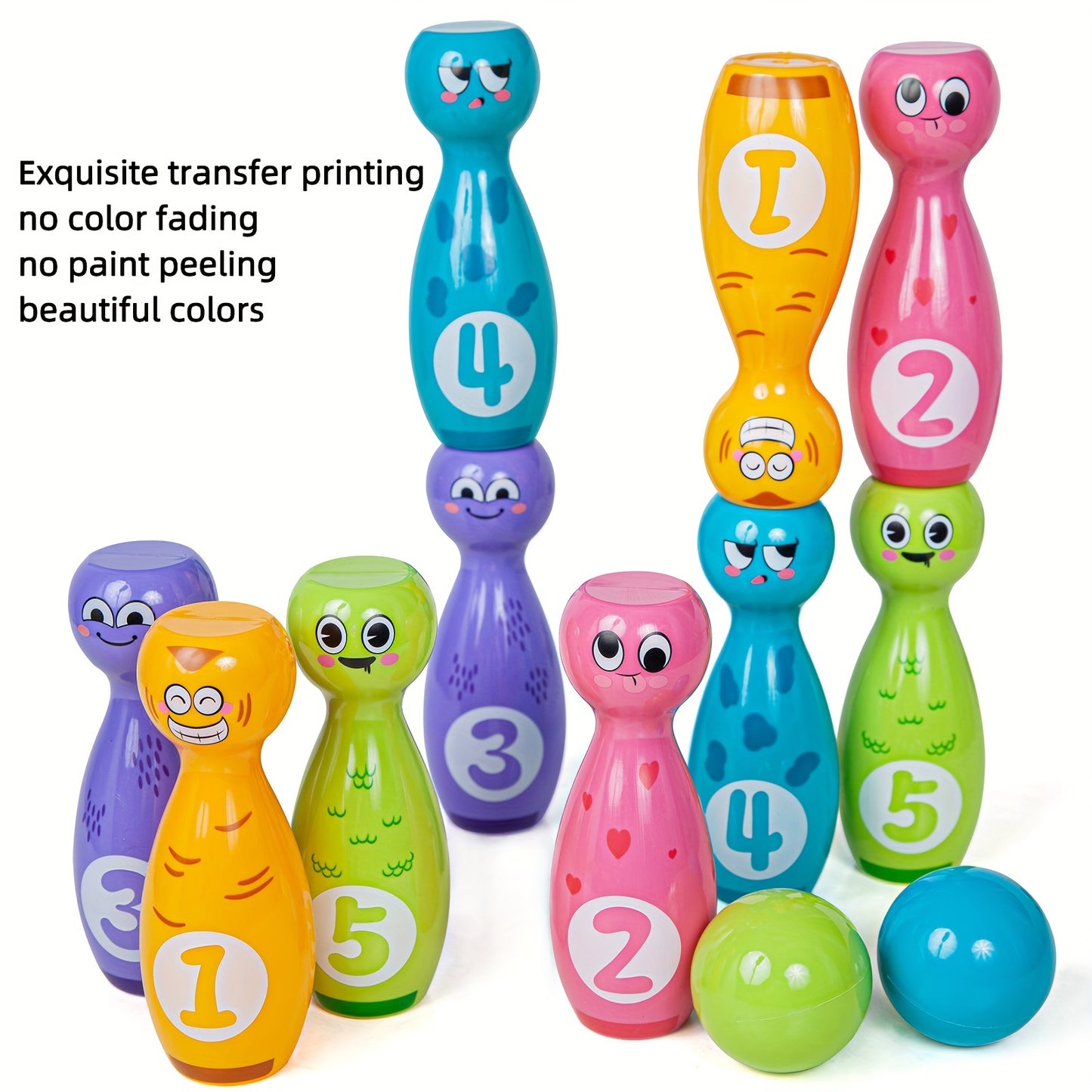 10-Bottle Bowling Toy Set with Cartoon Expressions - Includes 2 Balls and Durable Gift Box, Exquisite Pad Printing, Ideal for Halloween and Christmas Gifts