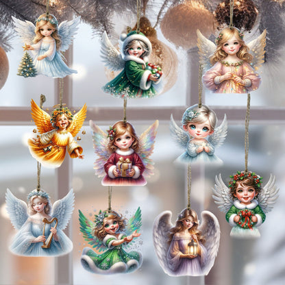 10pcs Handcrafted Wooden Christmas Angel Ornaments with Rope - Festive Holiday Tree Decorations, No Battery Required