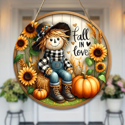 Charming Scarecrow and Fall Harvest Wooden Sign - 7.9"x7.9" Round Wreath Centerpiece for Door, Wall, Home, Porch, Garden Decor - Perfect for Autumn, Country, and Farmhouse Ambiance