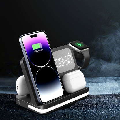 4-in-1 Wireless Fast Charger with Clock and Night Light - Compatible with All Apple Phones, Headphones and Watches