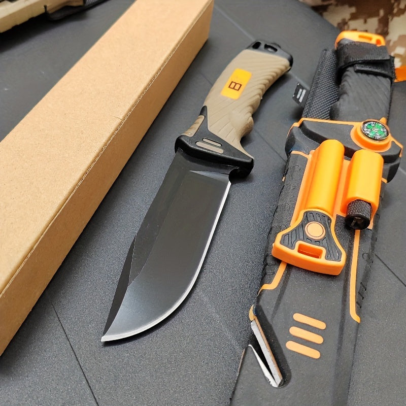 10.2in Outdoor Straight Knife - Ultra Sharp, High Hardness, Portable with Non-Slip Handle, Night Light, Compass, Magnesium Rod, and Safety Sheath - Essential for Camping and Travel