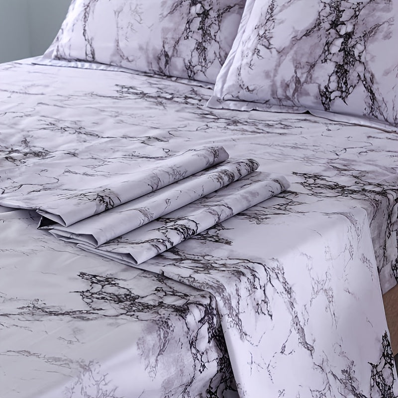 4 Piece Marble Brushed Fitted Sheet Set – Soft and Breathable Stone Pattern Bedding (1 Flat Sheet, 1 Fitted Sheet, 2 Pillowcases) for Bedroom and Guest Room