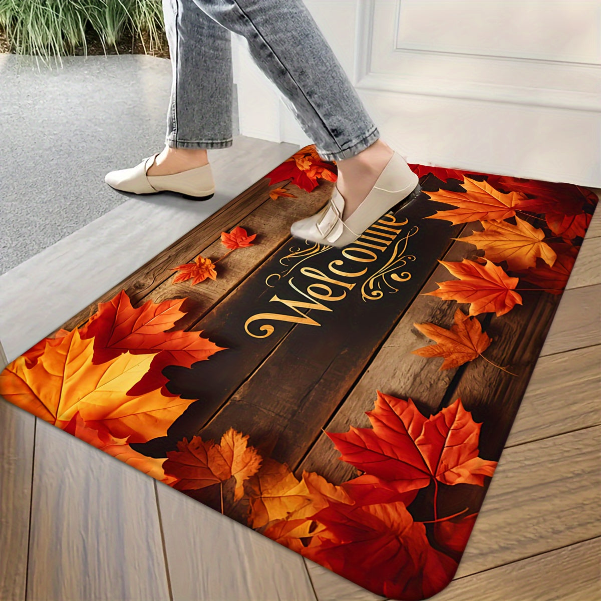 Autumn Maple Leaves Welcome Doormat – Non-Slip, Machine Washable Polyester Flannel Mat, Durable and Fade Resistant for Living Room, Bedroom, Kitchen