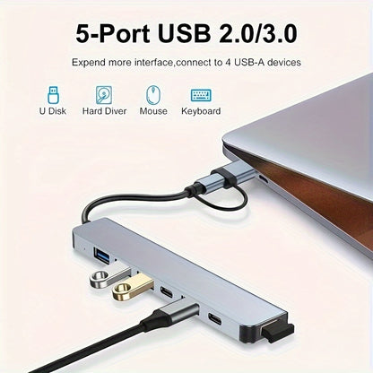 7-in-1 USB Hub and USB-C Splitter - 4 USB Ports, 1 USB-C Port, TF/SD Card Reader, Audio Output, Compatible with MacBook, iPad Pro, Dell, HP Laptops, Phones