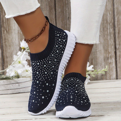 Stylish Women's Rhinestone Walking Sneakers – Breathable, Comfortable Slip-On Shoes with Chunky Sole and Casual Athletic Camp Style – Ideal for Daily Outdoor Activities