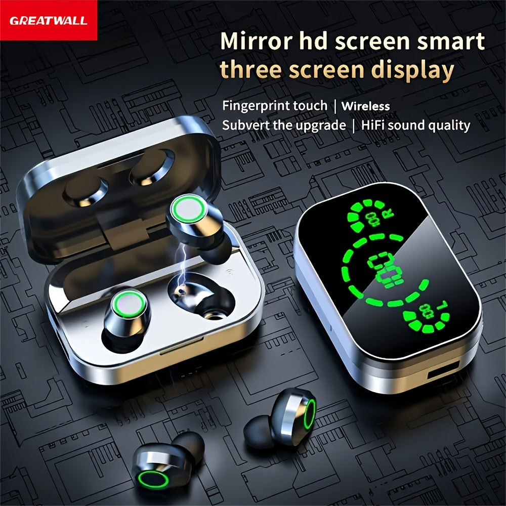 GREATWALL 2024 Triple-Screen Smart Wireless Earbuds – LED Digital Display, Stylish Mirror Design, Hi-Def Audio, Black Headphones for Sports and Gaming