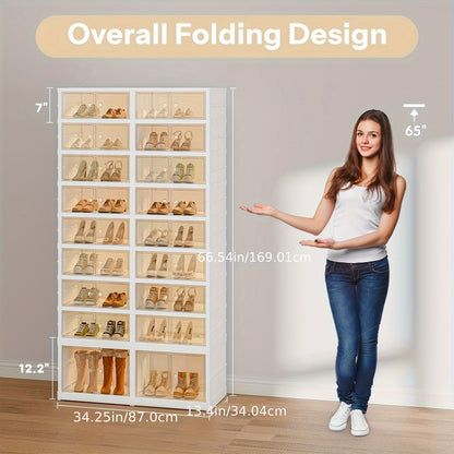 3/9-Tier Foldable Shoe Rack Organizer - Collapsible Plastic Shoe Storage with Clear Boxes, Stackable with Doors, Easy Assembly, Large Shoe Cabinet for Closet and Display